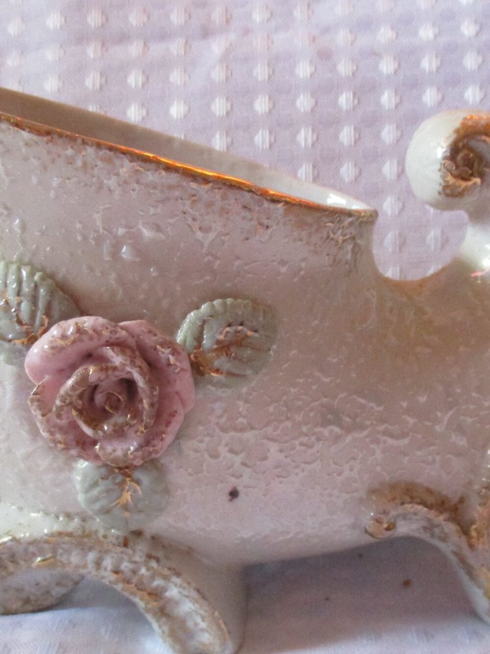 White w/Gold Trim Textured Ceramic Elf Shoe Cornucopia Planter w/Pink Rose